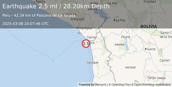 Earthquake OFFSHORE TARAPACA, CHILE (2.5 ml) (2025-03-08 20:07:46 UTC)