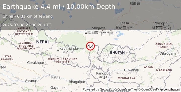 Earthquake WESTERN XIZANG (4.4 ml) (2025-03-08 21:00:20 UTC)