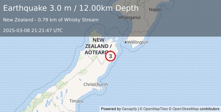 Earthquake SOUTH ISLAND OF NEW ZEALAND (3.0 m) (2025-03-08 21:21:47 UTC)