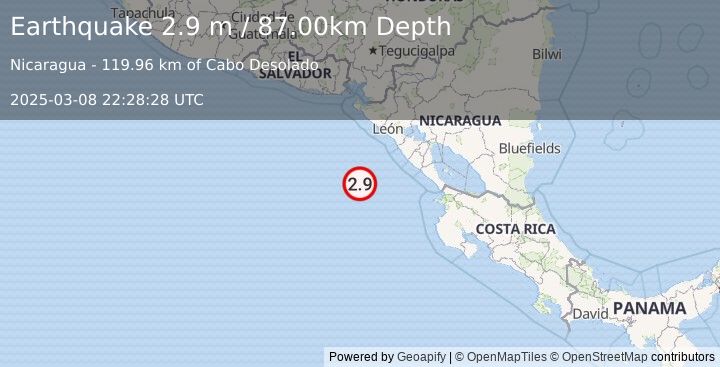 Earthquake NEAR COAST OF NICARAGUA (2.9 m) (2025-03-08 22:28:28 UTC)