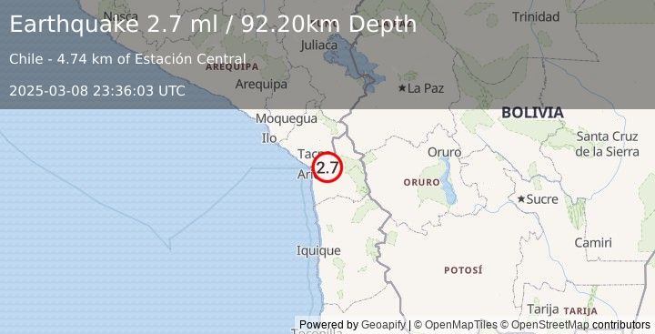 Earthquake TARAPACA, CHILE (2.7 ml) (2025-03-08 23:36:03 UTC)