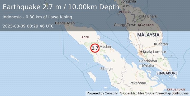 Earthquake NORTHERN SUMATRA, INDONESIA (2.7 m) (2025-03-09 00:29:46 UTC)