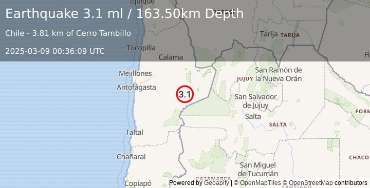 Earthquake ANTOFAGASTA, CHILE (3.1 ml) (2025-03-09 00:36:09 UTC)