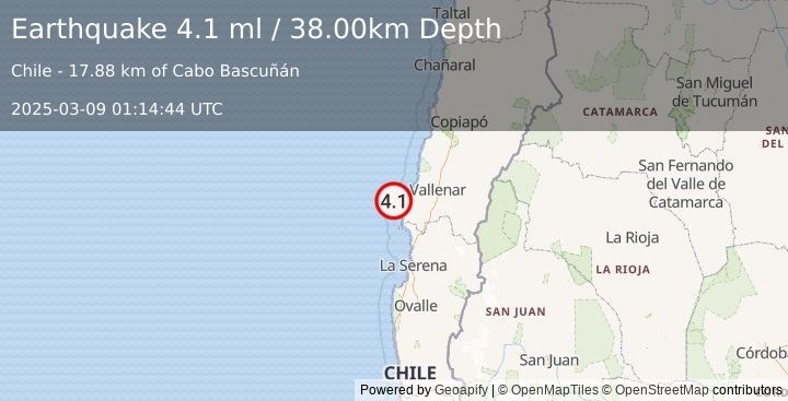 Earthquake OFFSHORE ATACAMA, CHILE (4.1 ml) (2025-03-09 01:14:44 UTC)