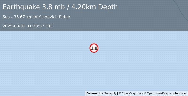 Earthquake GREENLAND SEA (3.8 mb) (2025-03-09 01:33:55 UTC)