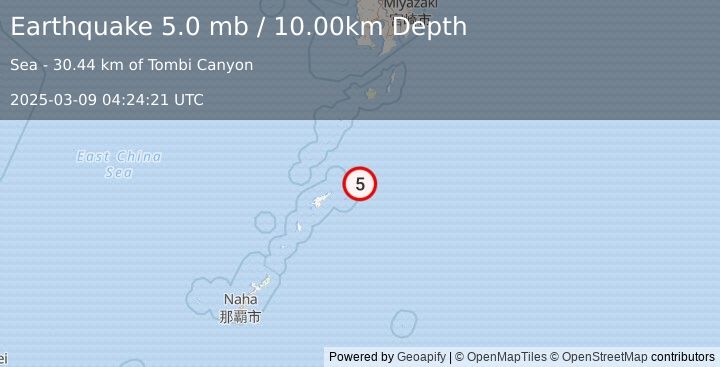 Earthquake RYUKYU ISLANDS, JAPAN (5.0 mb) (2025-03-09 04:24:23 UTC)