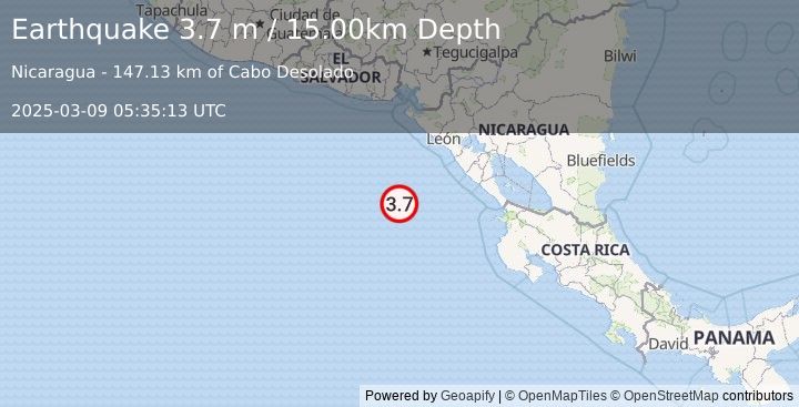 Earthquake NEAR COAST OF NICARAGUA (3.7 m) (2025-03-09 05:35:13 UTC)