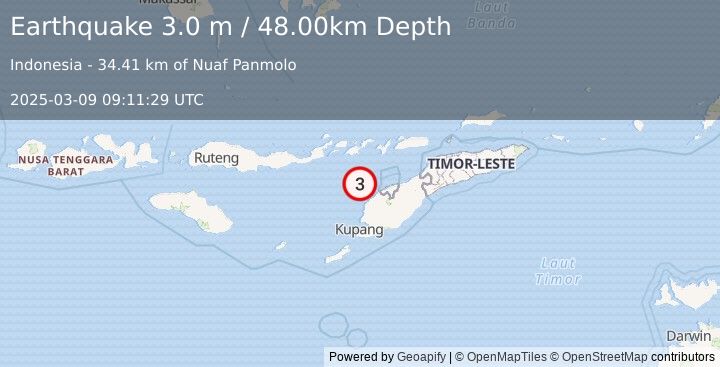 Earthquake TIMOR REGION, INDONESIA (3.0 m) (2025-03-09 09:11:29 UTC)