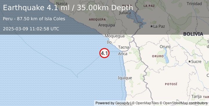 Earthquake OFF COAST OF TARAPACA, CHILE (4.1 ml) (2025-03-09 11:02:58 UTC)