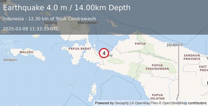 Earthquake PAPUA, INDONESIA (4.0 m) (2025-03-09 11:33:33 UTC)