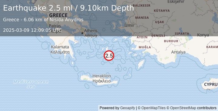 Earthquake DODECANESE ISLANDS, GREECE (2.5 ml) (2025-03-09 12:09:05 UTC)