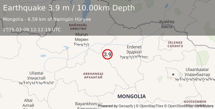 Earthquake CENTRAL MONGOLIA (3.9 m) (2025-03-09 12:12:19 UTC)