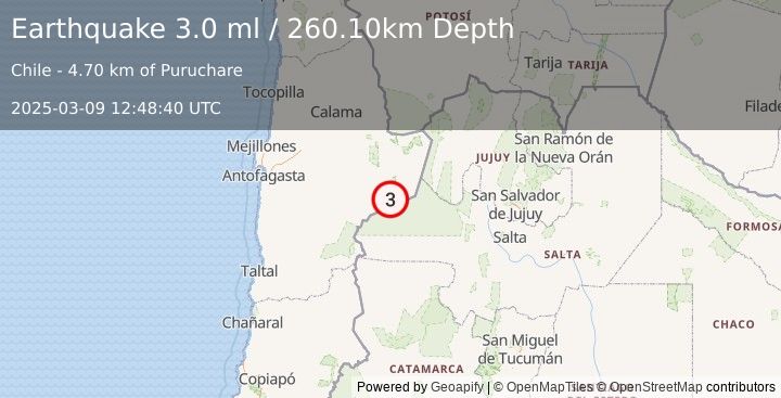 Earthquake ANTOFAGASTA, CHILE (3.0 ml) (2025-03-09 12:48:40 UTC)