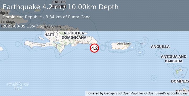 Earthquake DOMINICAN REPUBLIC REGION (4.2 m) (2025-03-09 13:47:52 UTC)