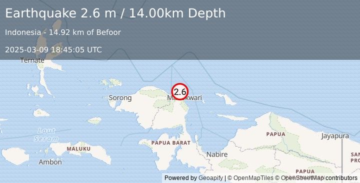 Earthquake NEAR N COAST OF PAPUA, INDONESIA (2.6 m) (2025-03-09 18:45:05 UTC)