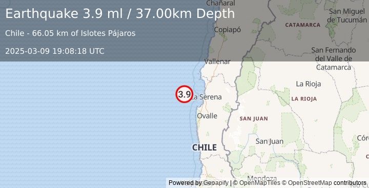 Earthquake OFFSHORE COQUIMBO, CHILE (3.9 ml) (2025-03-09 19:08:18 UTC)