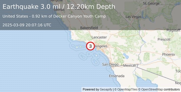 Earthquake GREATER LOS ANGELES AREA, CALIF. (3.0 ml) (2025-03-09 20:07:16 UTC)