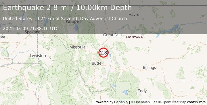 Earthquake WESTERN MONTANA (2.8 ml) (2025-03-09 21:38:16 UTC)