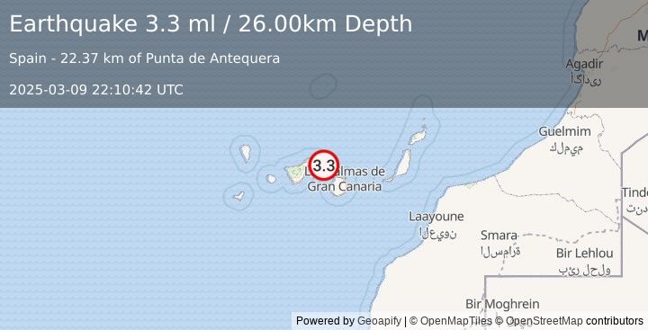 Earthquake CANARY ISLANDS, SPAIN REGION (3.3 ml) (2025-03-09 22:10:42 UTC)