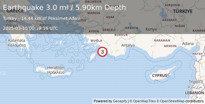 Earthquake DODECANESE IS.-TURKEY BORDER REG (3.0 ml) (2025-03-10 00:39:16 UTC)