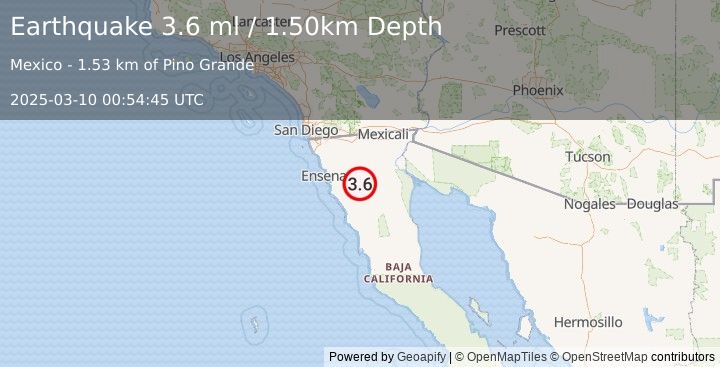 Earthquake BAJA CALIFORNIA, MEXICO (3.6 ml) (2025-03-10 00:54:45 UTC)