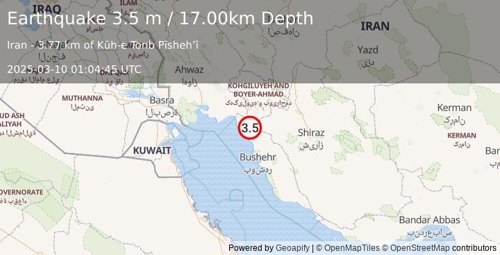 Earthquake SOUTHERN IRAN (3.5 m) (2025-03-10 01:04:45 UTC)