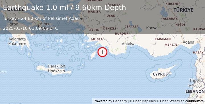 Earthquake DODECANESE IS.-TURKEY BORDER REG (1.0 ml) (2025-03-10 01:09:05 UTC)