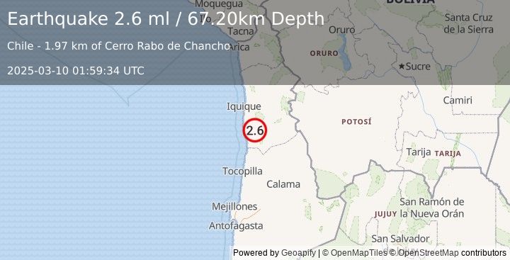 Earthquake TARAPACA, CHILE (2.6 ml) (2025-03-10 01:59:34 UTC)