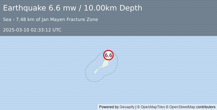 Earthquake JAN MAYEN ISLAND REGION (6.6 mw) (2025-03-10 02:33:12 UTC)