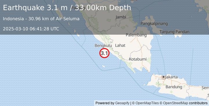 Earthquake SOUTHERN SUMATRA, INDONESIA (3.1 m) (2025-03-10 06:41:28 UTC)