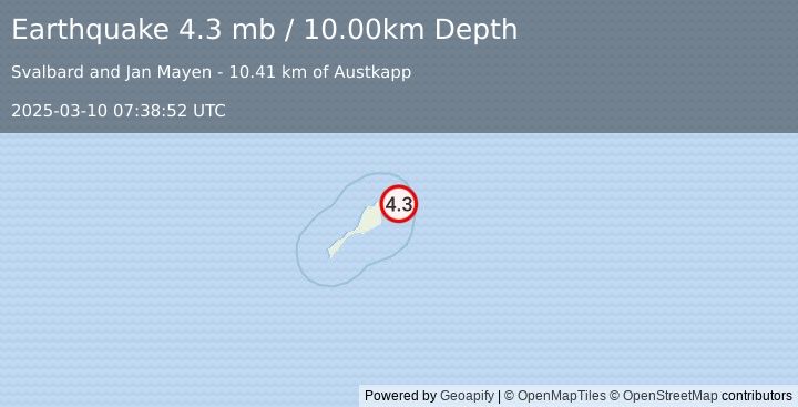 Earthquake JAN MAYEN ISLAND REGION (4.3 mb) (2025-03-10 07:38:52 UTC)