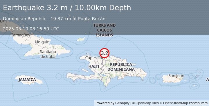 Earthquake DOMINICAN REPUBLIC REGION (3.2 m) (2025-03-10 08:16:50 UTC)