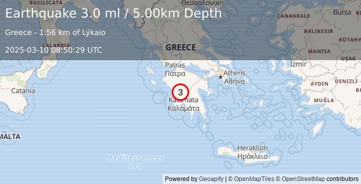 Earthquake SOUTHERN GREECE (3.0 ml) (2025-03-10 08:50:29 UTC)