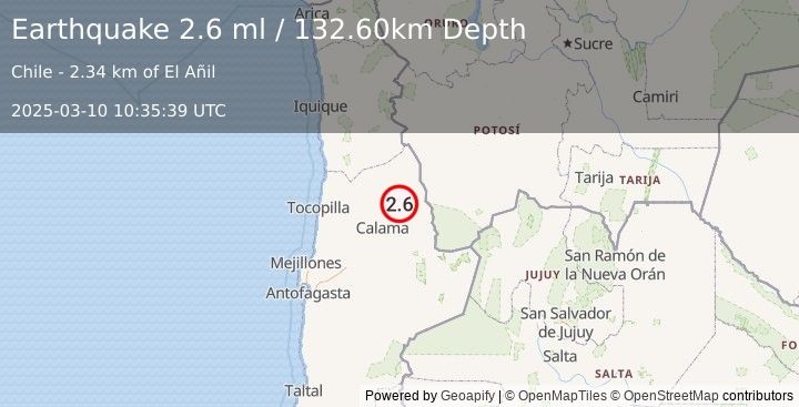 Earthquake ANTOFAGASTA, CHILE (2.6 ml) (2025-03-10 10:35:39 UTC)