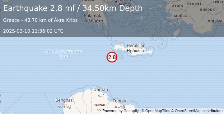 Earthquake CRETE, GREECE (2.8 ml) (2025-03-10 11:36:02 UTC)