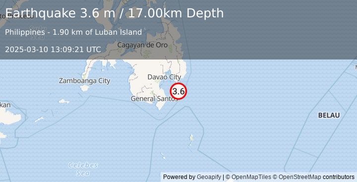 Earthquake MINDANAO, PHILIPPINES (3.6 m) (2025-03-10 13:09:21 UTC)