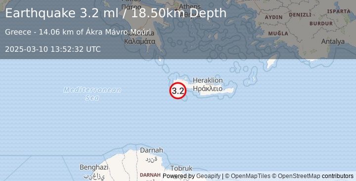 Earthquake CRETE, GREECE (3.2 ml) (2025-03-10 13:52:32 UTC)