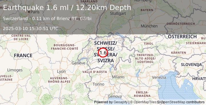 Earthquake SWITZERLAND (1.6 ml) (2025-03-10 15:30:51 UTC)