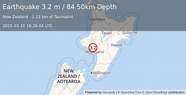 Earthquake NORTH ISLAND OF NEW ZEALAND (3.2 m) (2025-03-10 16:26:04 UTC)