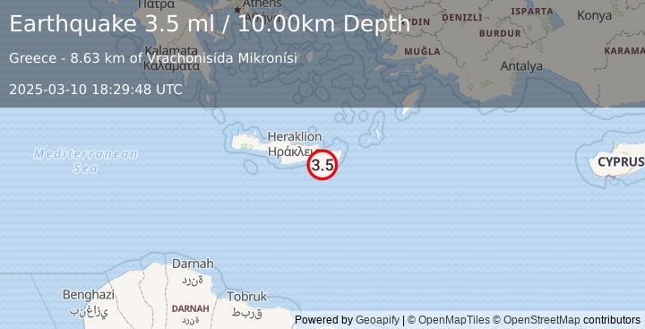 Earthquake CRETE, GREECE (3.5 ml) (2025-03-10 18:29:46 UTC)