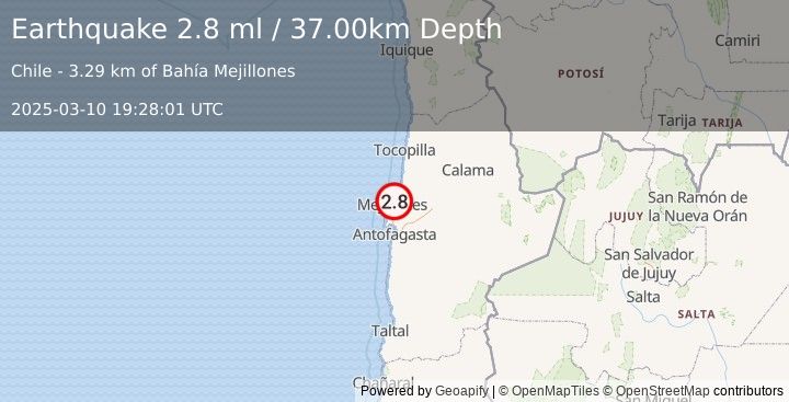 Earthquake OFFSHORE ANTOFAGASTA, CHILE (2.8 ml) (2025-03-10 19:28:01 UTC)