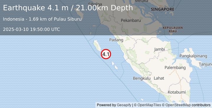 Earthquake KEP. MENTAWAI REGION, INDONESIA (4.1 m) (2025-03-10 19:50:00 UTC)