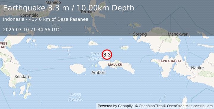 Earthquake CERAM SEA, INDONESIA (3.3 m) (2025-03-10 21:34:56 UTC)