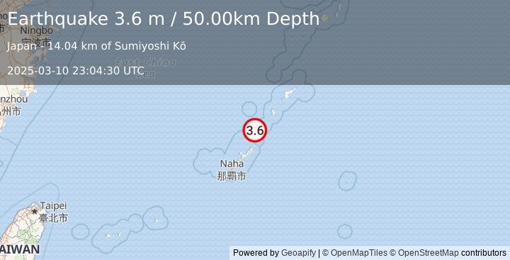 Earthquake RYUKYU ISLANDS, JAPAN (3.6 m) (2025-03-10 23:04:30 UTC)