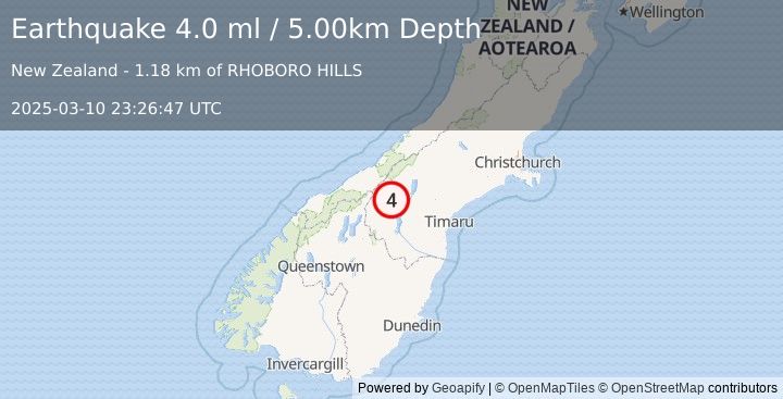 Earthquake SOUTH ISLAND OF NEW ZEALAND (4.0 ml) (2025-03-10 23:26:47 UTC)