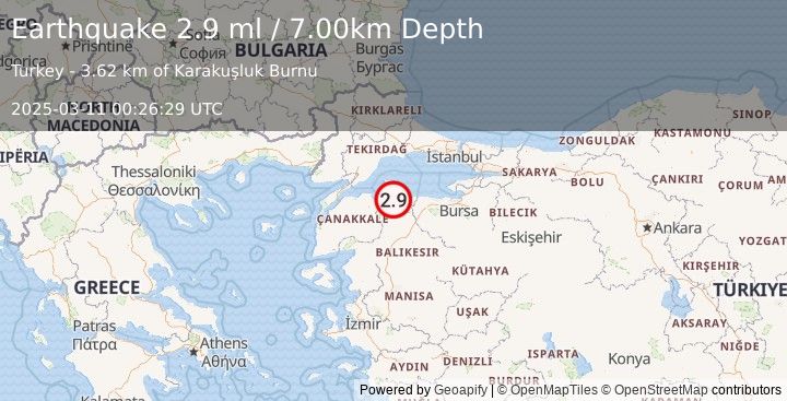 Earthquake WESTERN TURKEY (2.9 ml) (2025-03-11 00:26:29 UTC)