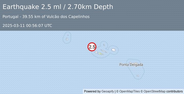 Earthquake AZORES ISLANDS, PORTUGAL (2.5 ml) (2025-03-11 00:56:07 UTC)