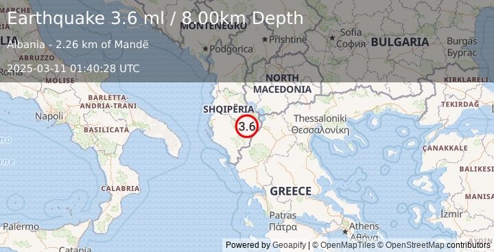 Earthquake ALBANIA (3.6 ml) (2025-03-11 01:40:30 UTC)