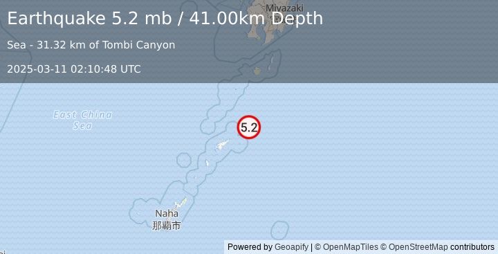 Earthquake RYUKYU ISLANDS, JAPAN (5.3 mb) (2025-03-11 02:10:45 UTC)