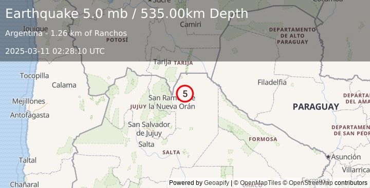 Earthquake SALTA, ARGENTINA (5.0 m) (2025-03-11 02:28:11 UTC)